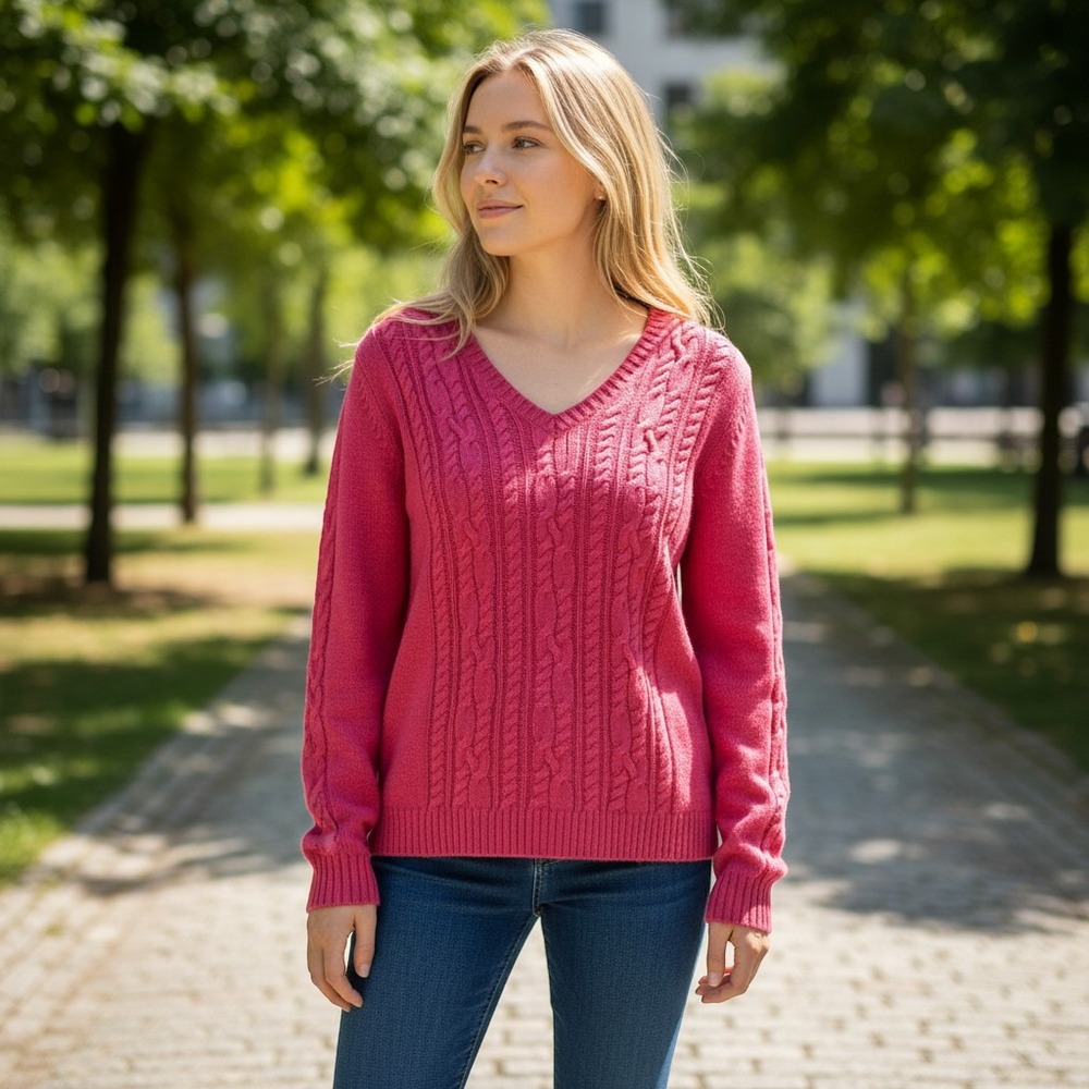 IZOD Golf Sweater Size M Pink Excellent Cable Knit V-Neck Cotton Pullover Womens